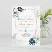 ネイビパーソナライズされたーブルーと金ゴールド結婚バンドル 招待状 (スタンド正面)