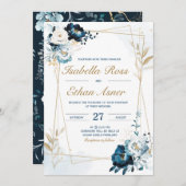 ネイビパーソナライズされたーブルーと金ゴールド結婚バンドル 招待状 (正面/裏面)