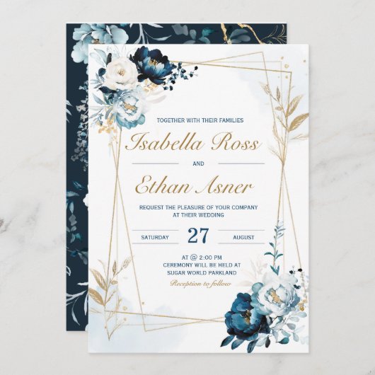 ネイビパーソナライズされたーブルーと金ゴールド結婚バンドル 招待状 (正面/裏面)