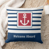 ネイビパーソナライズされたーブルー航海のストライプいかり クッション (ブランケット)