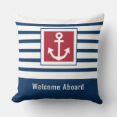 ネイビパーソナライズされたーブルー航海のストライプいかり クッション (正面)