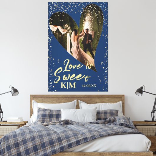 ネイビパーソナライズされたーブルー金ゴールド愛は甘い結婚 キャンバスプリント (インサイチュ (寝室))