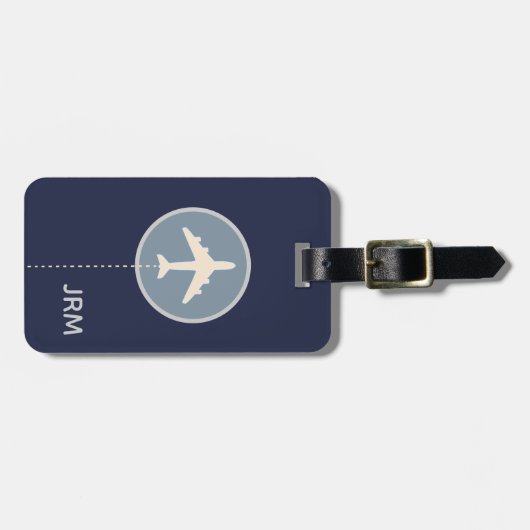 ネイビパーソナライズされたーブルー飛行機旅行 ラゲッジタグ (正面横)