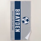 ネイビパーソナライズされたーブルー・グレーサッカー選手の名前 ビーチタオル (正面)