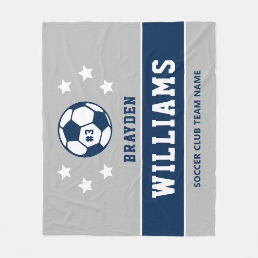 ネイビパーソナライズされたーブルー・グレーサッカー選手の名前 フリースブランケット (正面)