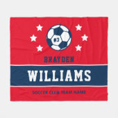 ネイビパーソナライズされたーブルー・レッドサッカー選手の名前 フリースブランケット (正面(横))