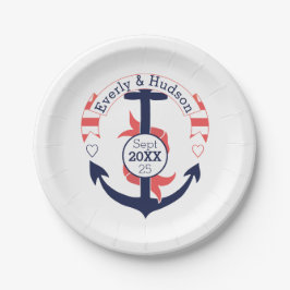 ネイビパーソナライズされたー航海のコーラル結婚ズいかり ペーパープレート