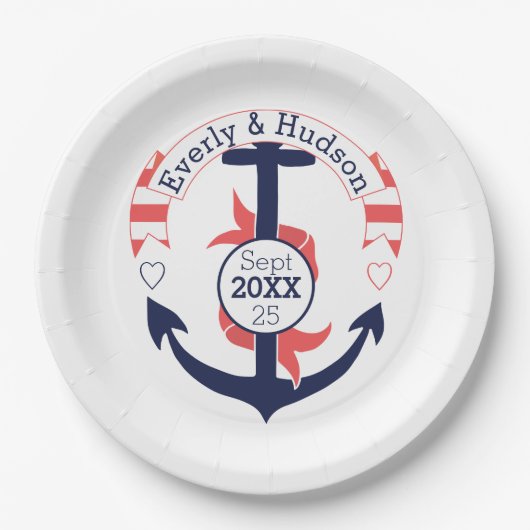 ネイビパーソナライズされたー航海のコーラル結婚ズいかり ペーパープレート (正面)