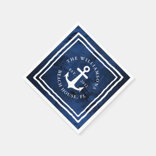 ネイビパーソナライズされたー航海のブルーホワイトいかり スタンダードカクテルナプキン (角)