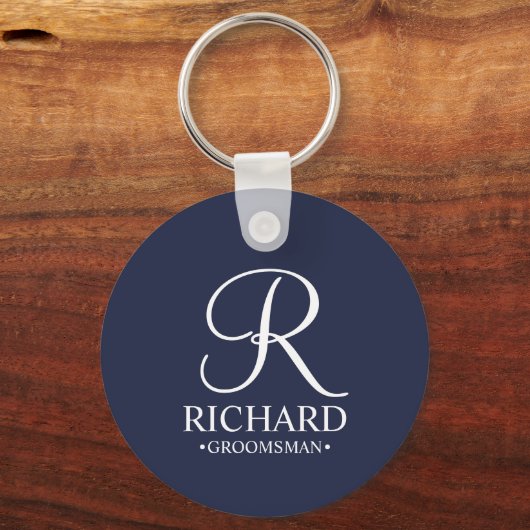 ネイビパーソナライズされたー・グロムスマンの名前とモノグラム キーホルダー (正面)
