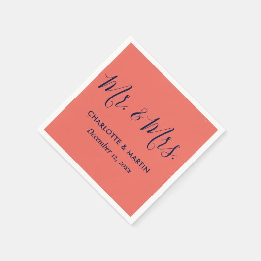 ネイビパーソナライズされたー・ブルー・コーラル夫妻結婚 スタンダードカクテルナプキン (角)