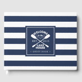 ネイビパーソナライズされたー&ホワイトストライプレイクハウス ゲストブック (正面)