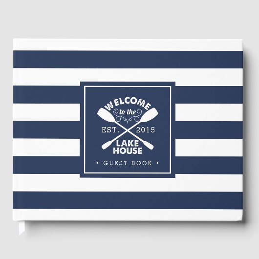 ネイビパーソナライズされたー&ホワイトストライプレイクハウス ゲストブック (正面)