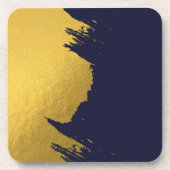 ネイビフェイクーブルー背景の金ゴールドブラシストローク コースター (正面)