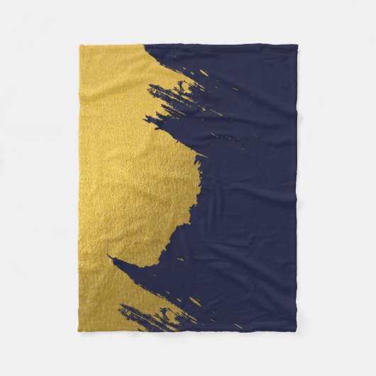 ネイビフェイクーブルー背景の金ゴールドブラシストローク フリースブランケット (正面)