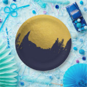 ネイビフェイクーブルー背景の金ゴールドブラシストローク ペーパープレート (パーティー)