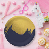 ネイビフェイクーブルー背景の金ゴールドブラシストローク ペーパープレート (パーティー)