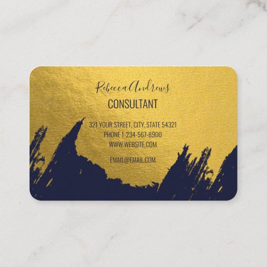 ネイビフェイクーブルー背景の金ゴールドブラシストローク 名刺 (裏面)