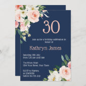 ネイビフェミニンー&ピーチフローラ誕生日 招待状 (正面/裏面)