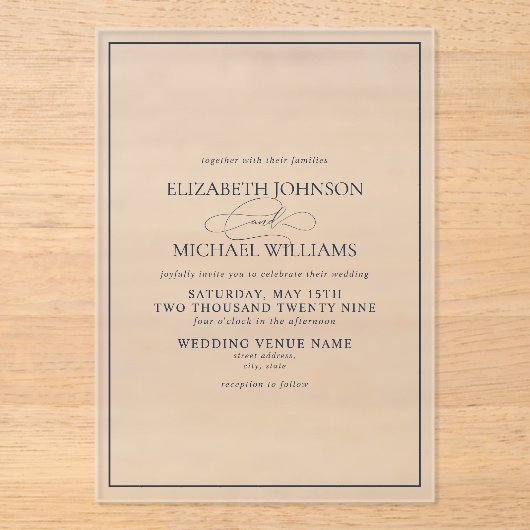 ネイビフォーマルーブルークラシックのスクリプ結婚ト アクリル招待状 (正面)