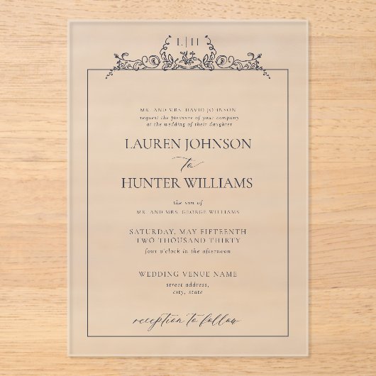 ネイビフォーマルーブルーフローラ縁どモノグラム結婚ズ アクリル招待状 (正面)