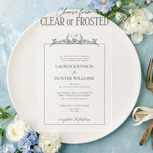 ネイビフォーマルーブルーフローラ縁どモノグラム結婚ズ アクリル招待状