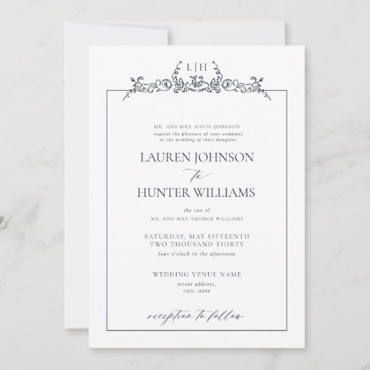 ネイビフォーマルーブルーフローラ縁どモノグラム結婚ズ 招待状 (正面)