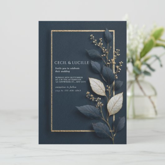ネイビミニマルーと金ゴールドリーフ結婚ズ 招待状 (スタンド正面)