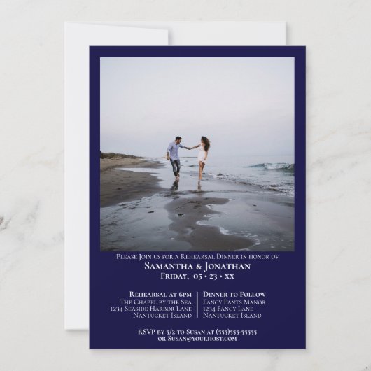 ネイビミニマルーブルフォトのリハ結婚ーサルディナー 招待状 (正面)