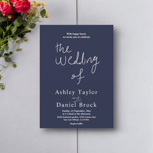 ネイビミニマルーブルーモダンホワイト結婚ズ 招待状