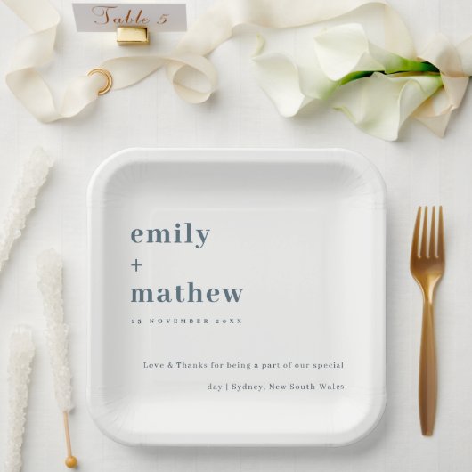 ネイビミニマルーモダンググレーブルータイポグラフィ結婚ズ ペーパープレート (ウェディング)