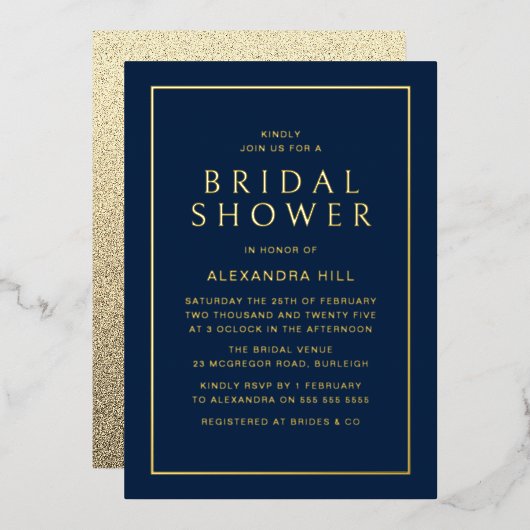 ネイビミニマルーモダン&金ゴールドブライダルシャワーゴールデン 箔招待状 (正面/裏面)