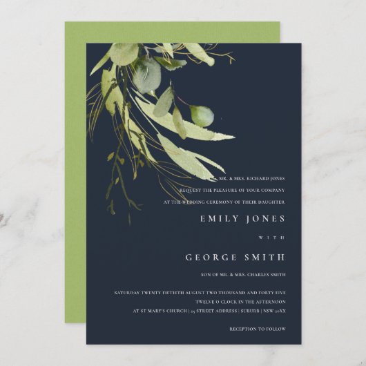 ネイビミニマルーリーフグリーン葉水色結婚の 招待状 (正面/裏面)