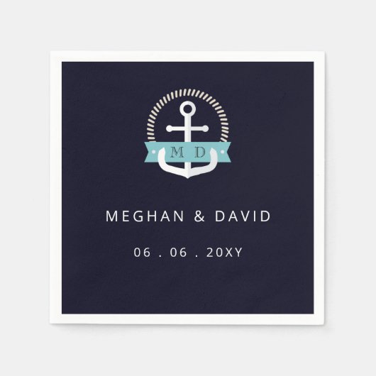 ネイビモダンいかり航海のモノグラ結婚ム スタンダードカクテルナプキン (正面)