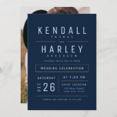 ネイビモダンシックシンプルタイポグラフィ写真結婚の写真 招待状 (正面/裏面)