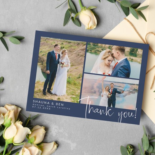 ネイビモダンス結婚の3写真コラージュ サンキューカード