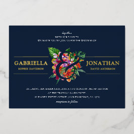 ネイビモダントロピカルブケ結婚ス 箔招待状