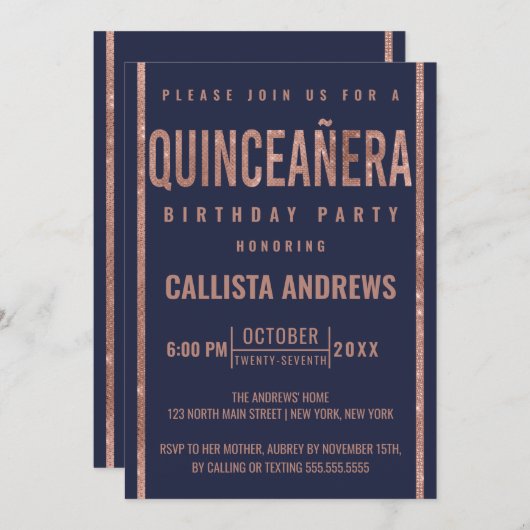 ネイビモダンバラ金ゴールドグリッターフレームキンセアニラ 招待状 (正面/裏面)