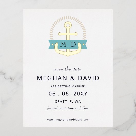 ネイビモダンーいかり航海のモノグラム日付を保存 箔招待状ポストカード (正面)