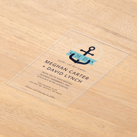 ネイビモダンーいかり航海のモノグラム結婚ズInvite アクリル招待状 (レイダウン)