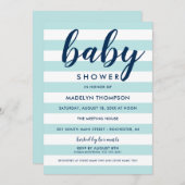 ネイビモダンーとアクアブルーの男の赤ちゃんストライプシャワー 招待状 (正面/裏面)