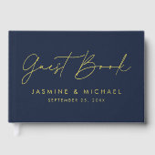 ネイビモダンーとゴールドフォイルのスクリプト写真結婚の ゲストブック (正面)