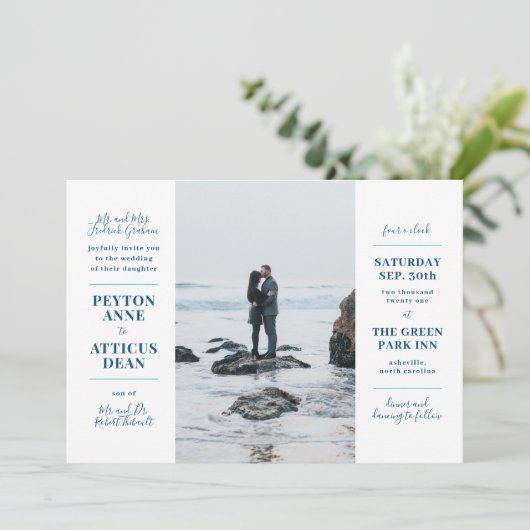 ネイビモダンーとホワイトの写真結婚式招待状 案内状 (スタンド正面)