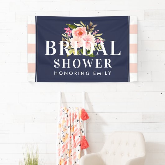 ネイビモダンーと赤面ピンクフローラブライダルシャワー 横断幕 (インサイチュ)