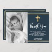 ネイビモダンーと金ゴールドブルーバプテスマサンキューカード サンキューカード (正面/裏面)
