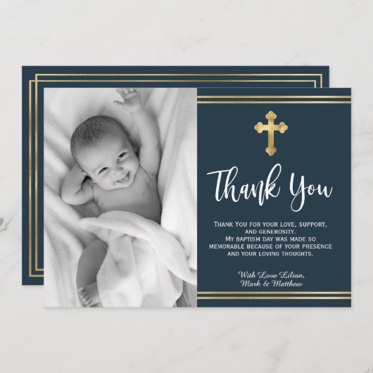 ネイビモダンーと金ゴールドブルーバプテスマサンキューカード サンキューカード (正面/裏面)
