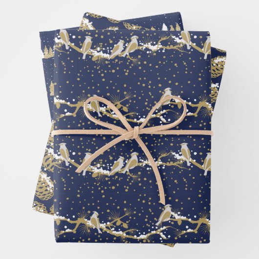 ネイビモダンーと金ゴールドレッド(鳥)ショウジョウコウカンチョウ冬クリスマス ラッピングペーパーシート (インサイチュ)