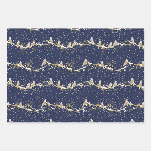 ネイビモダンーと金ゴールドレッド(鳥)ショウジョウコウカンチョウ冬クリスマス ラッピングペーパーシート (正面)