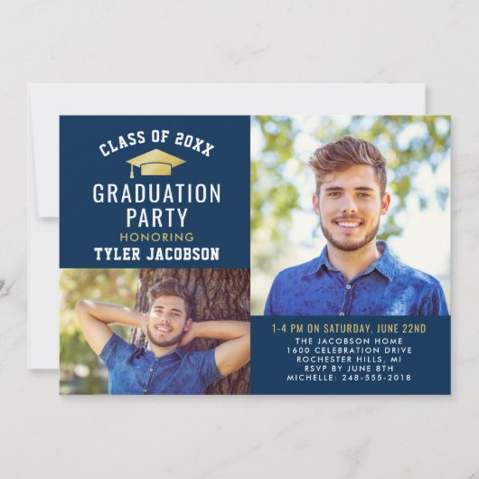 ネイビモダンーと金ゴールド2025写真大学院パーティー 招待状 (正面)