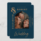 ネイビモダンーはっきりしたはっきりしたスタイリッシュのArched Photos 結婚 招待状 (正面/裏面)